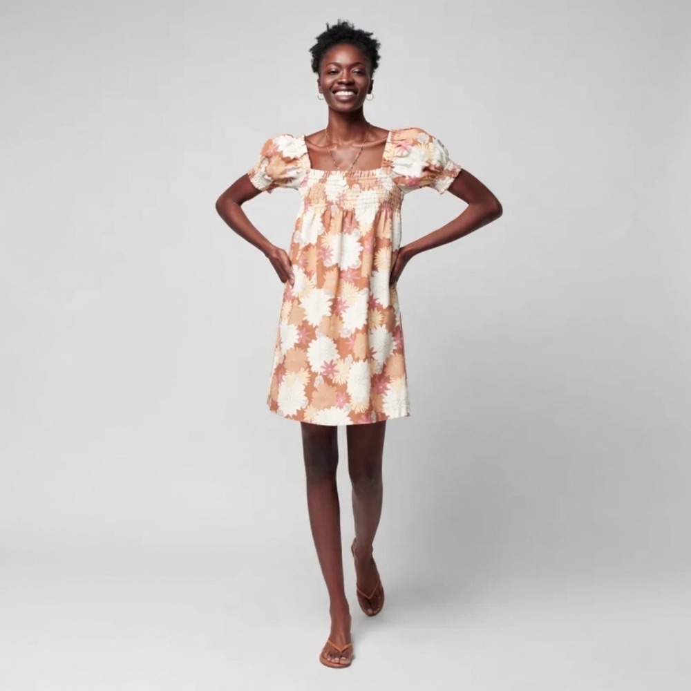 Faherty Cream and Tan Floral Mini Dress